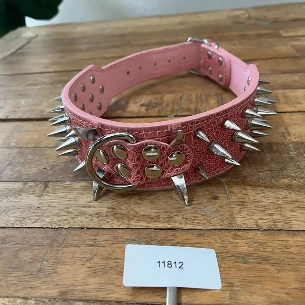 Pink Spiked Dog Collar Faux Croc Leather Medium Large 2